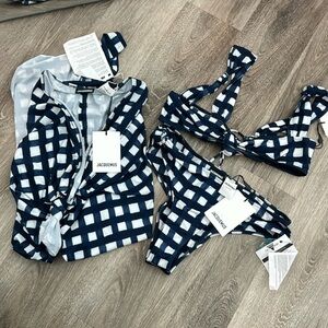 Jacques checkered, navy blue and white bikini set with matching sarong